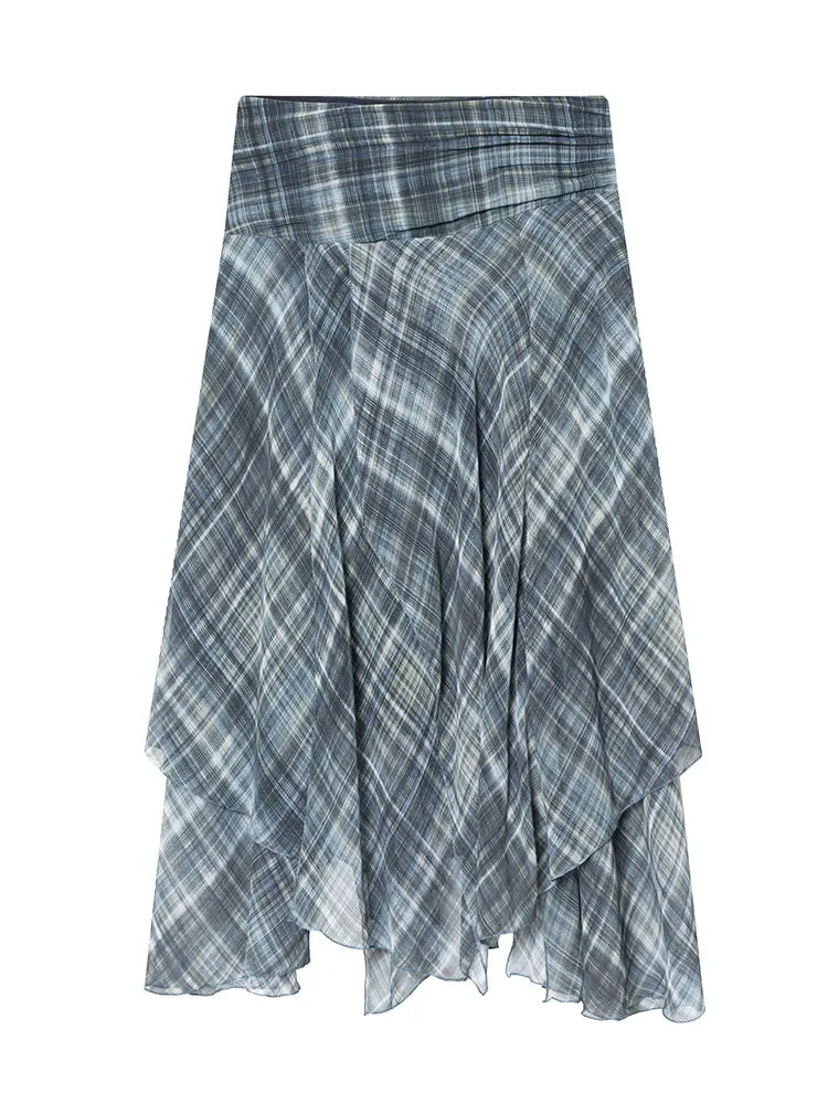 HH Women Vintage Plaid Midi Skirt Irregular Hem High Waist Pleated Skirts Female Casual Fashion High Street Lady Chic Skirts