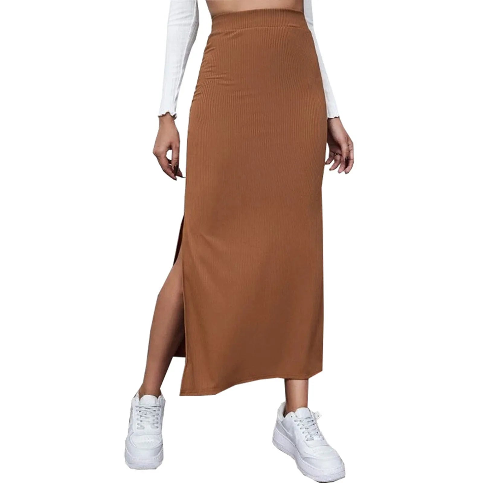 Female Solid Color Slim Fitting Midi Skirts With Slit Office High Waist Satin Skirts Fashion Sexy Straight Elastic Waist Dress