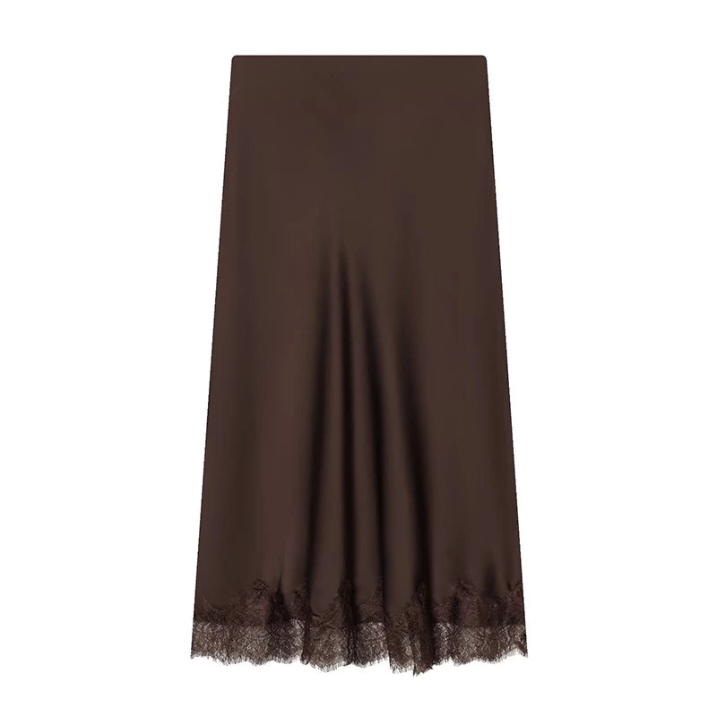 Women's Skirts Fashion Lace Decoration Satin Midi Skirt Vintage Women High Waist Long Skirts