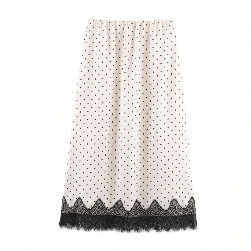 HH Women Elegant Fashion Polka Dot Lace Skirt Luxury Satin High Waist Straight Midi Skirt Female High Street Lady Skirts Mujer