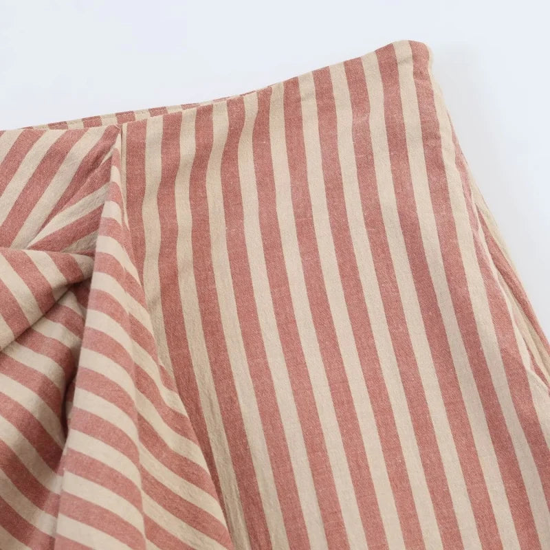 Summer Simple Striped Pleated Midi Skirt Women Side Zipper High Waist Long Skirts Female Casual Chic Wear 2026 New