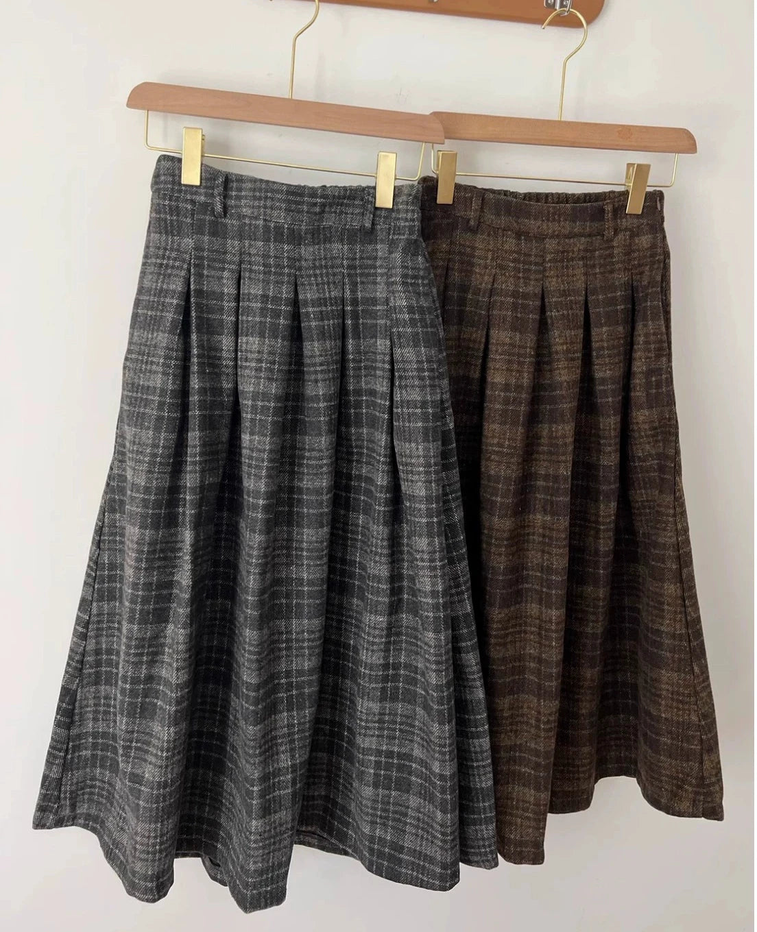 Vintage Women Long Plaid Thick Pleated Faux Woolen Skirts For Ladies Autumn Winter A-Line Loose Casual High Waist Midi Skirt SK4