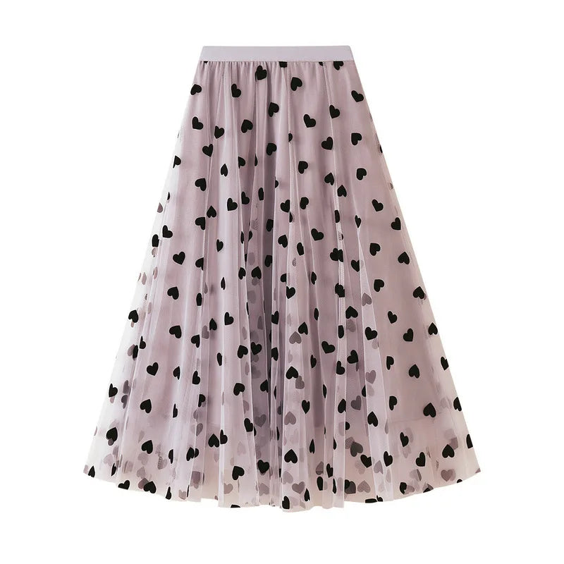 Lamuusaa Mesh Skirts Women Summer Heart Printed Elastic High Waist A Line Pleated Midi Skirts Evening Party Skirts Streetwear