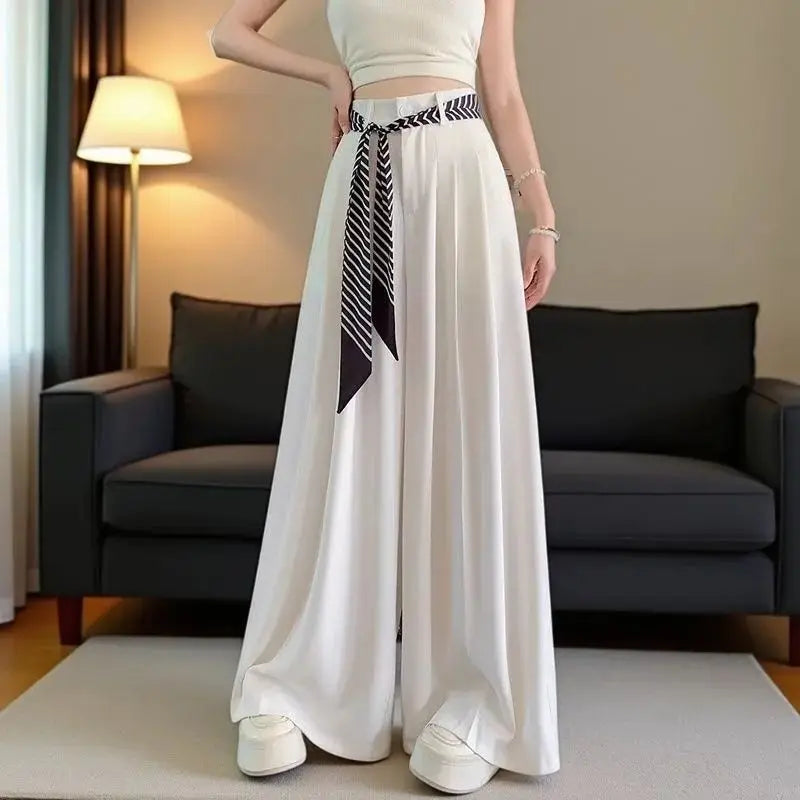 Women's Draped Loose Wide Leg Pants With Scarf High Waist Floor Length Long White Suit Trousers Female Baggy Pants Fashion 2026