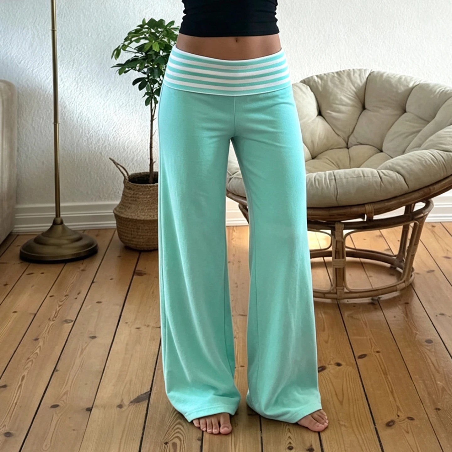 SUCHCUTE Women's Striped Fold-Over Waist Wide-Leg Pants Y2K Low-Rise Casual Loose Straight Long Trousers Vintage 2000s Pants New