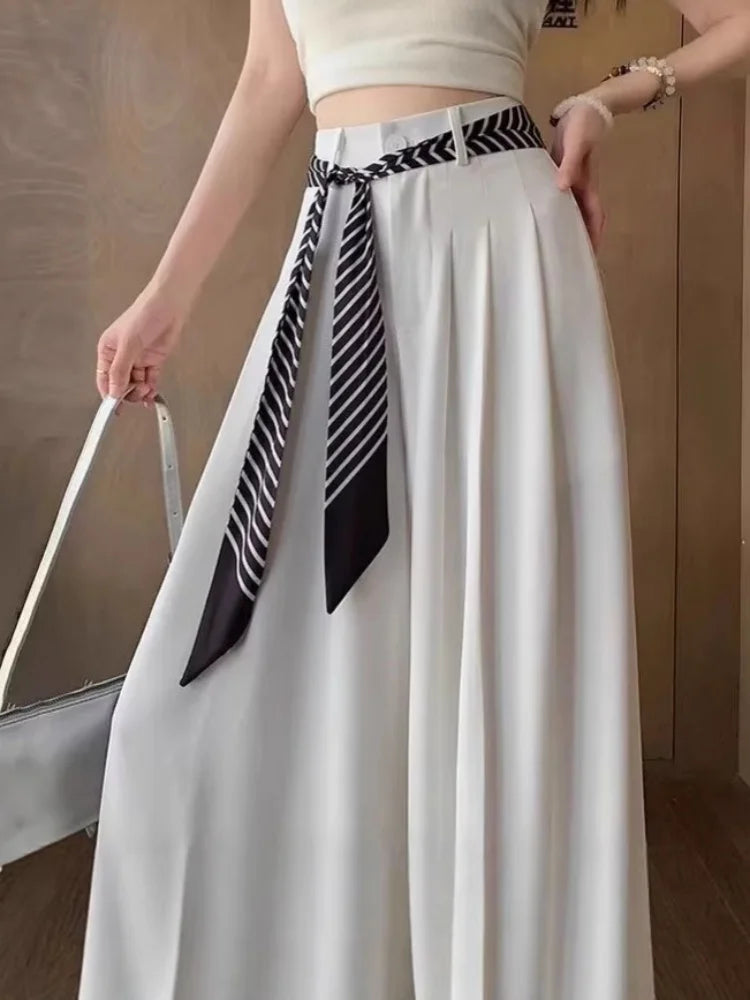 Women's Draped Loose Wide Leg Pants With Scarf High Waist Floor Length Long White Suit Trousers Female Baggy Pants Fashion 2026