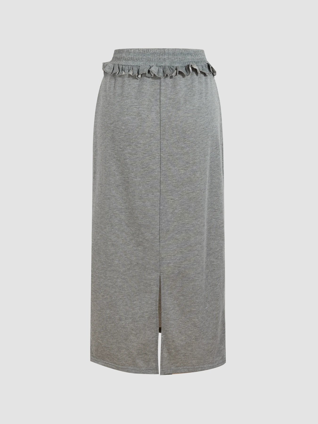 Autumn Women Midi Skirt Grey Knit Straight Long Skirt Ruffle Drawstring Elastic Waist Casual Daily Street Skirts