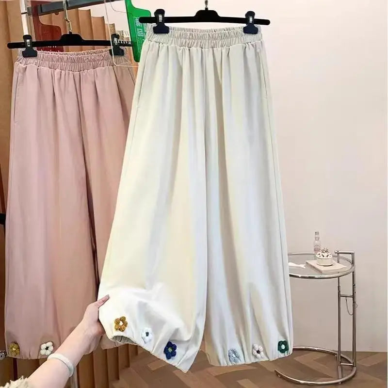 Sweet and Lovely Student Flower Pants New Women's Loose Straight Leg Pants Fashionable Girls' Casual Wide Leg Pants Versatile