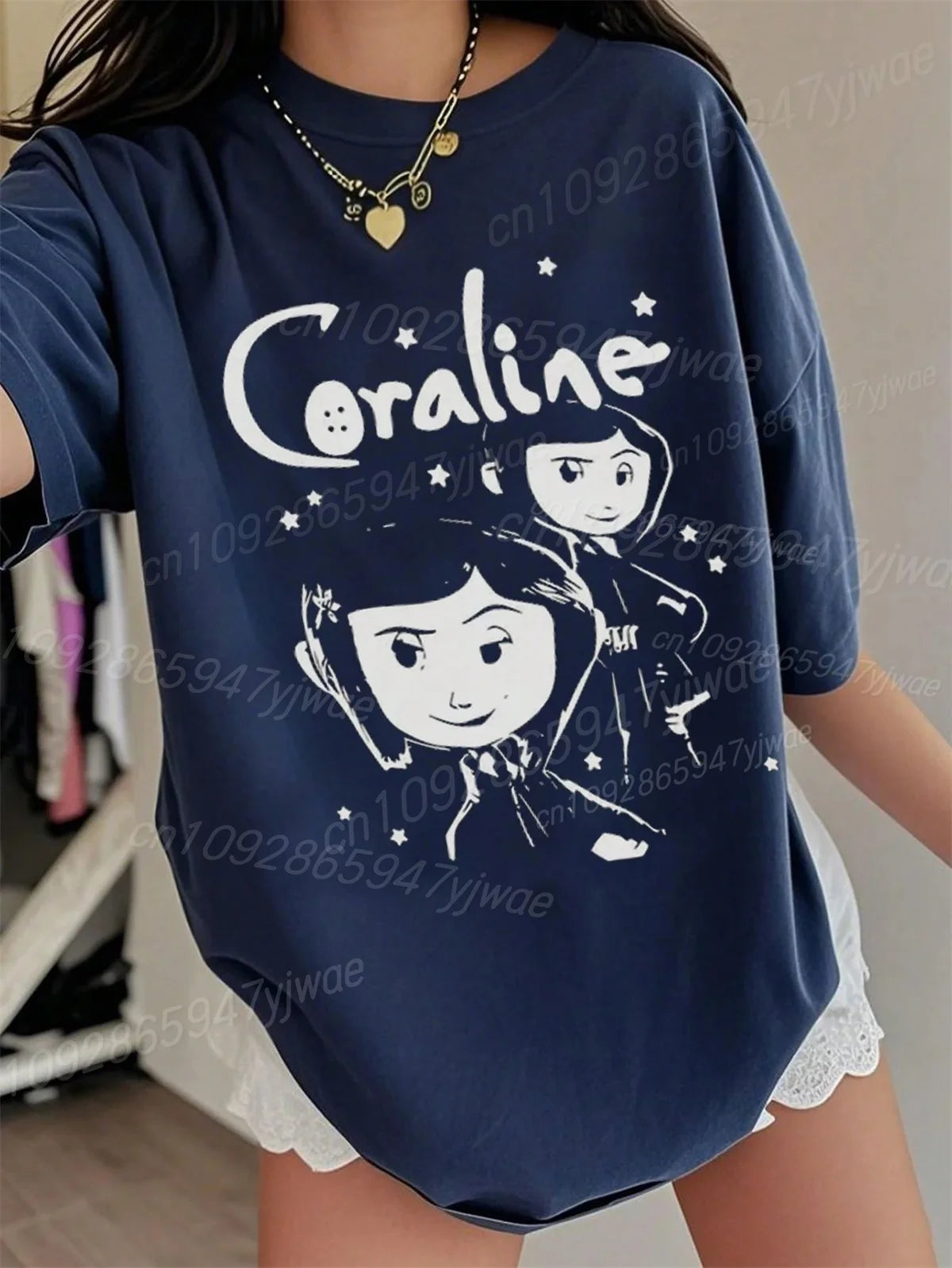 Womens' High-Quality Cotton T-Shirt Coraline 3d Graphic Short Sleeved O-Neck Loose&Breathable Comfortable Streetwear Casual Top
