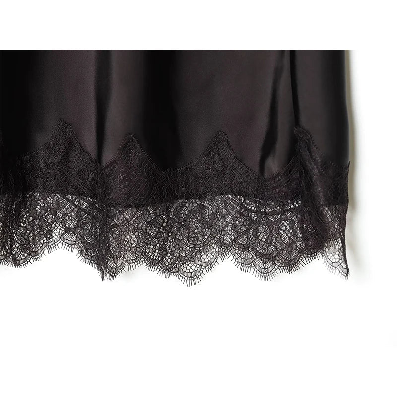 Women's Skirts Fashion Lace Decoration Satin Midi Skirt Vintage Women High Waist Long Skirts