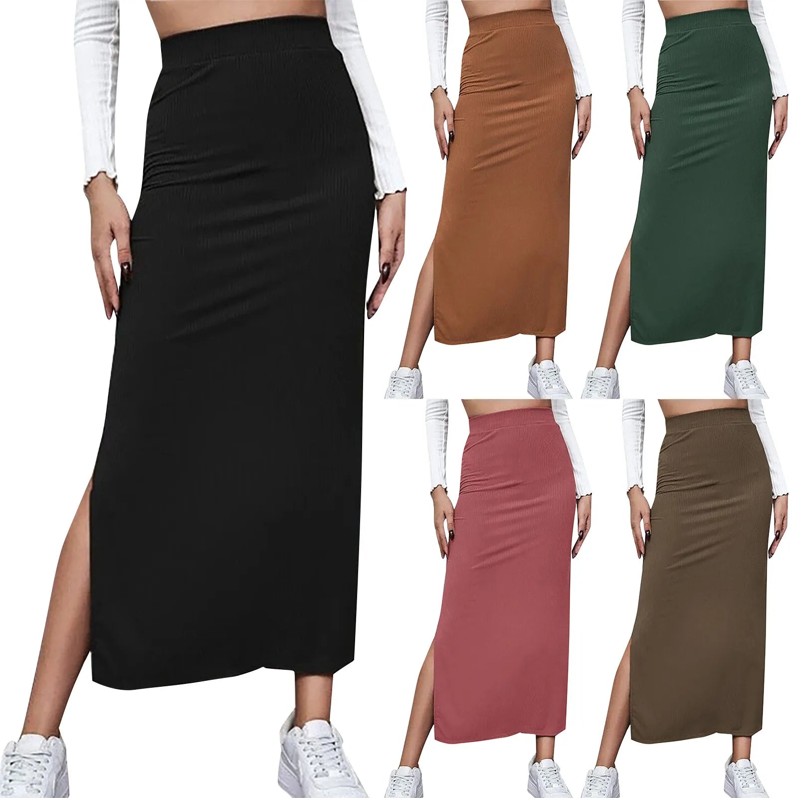 Female Solid Color Slim Fitting Midi Skirts With Slit Office High Waist Satin Skirts Fashion Sexy Straight Elastic Waist Dress