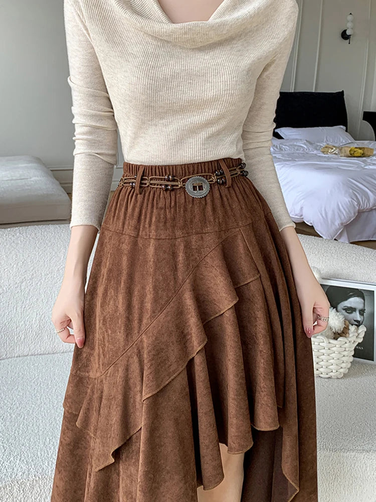 American Retro Asymmetry Suede Midi Skirt For Woman Bohemian Style Vintage Autumn Winter Retro A-Line Skirts Lady
