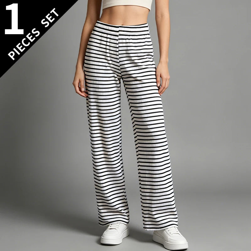 Women's Pants Summer Fashion Striped Straight Leg Pants Casual Versatile Elastic Waistband Pants Plus Size Sports Wide Leg Pants
