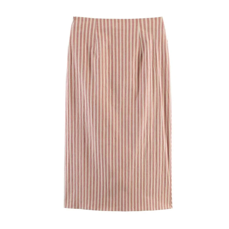 Summer Simple Striped Pleated Midi Skirt Women Side Zipper High Waist Long Skirts Female Casual Chic Wear 2026 New