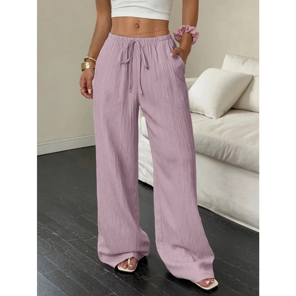 Women's Wide-Leg Cotton-Linen Blend Casual Floor-Length Pants Relaxed-Fit Drawstring Trousers for Home & Strolls