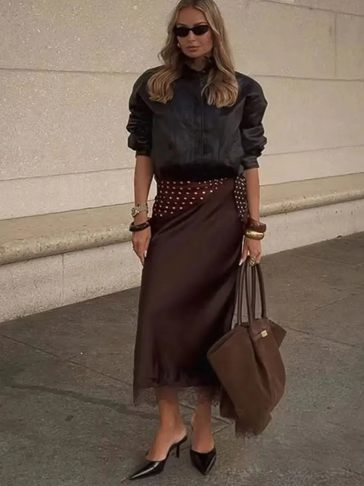 HH Women Elegant Fashion Polka Dot Lace Skirt Luxury Satin High Waist Straight Midi Skirt Female High Street Lady Skirts Mujer
