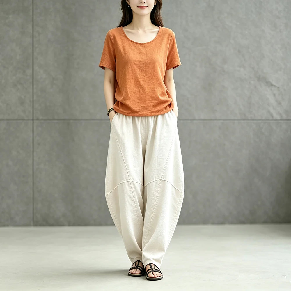 Women Linen Lantern Harem Pants Elastic High Waist Loose Spliced Baggy Trousers With Pockets Casual Oversized Wide Leg Pants Fle