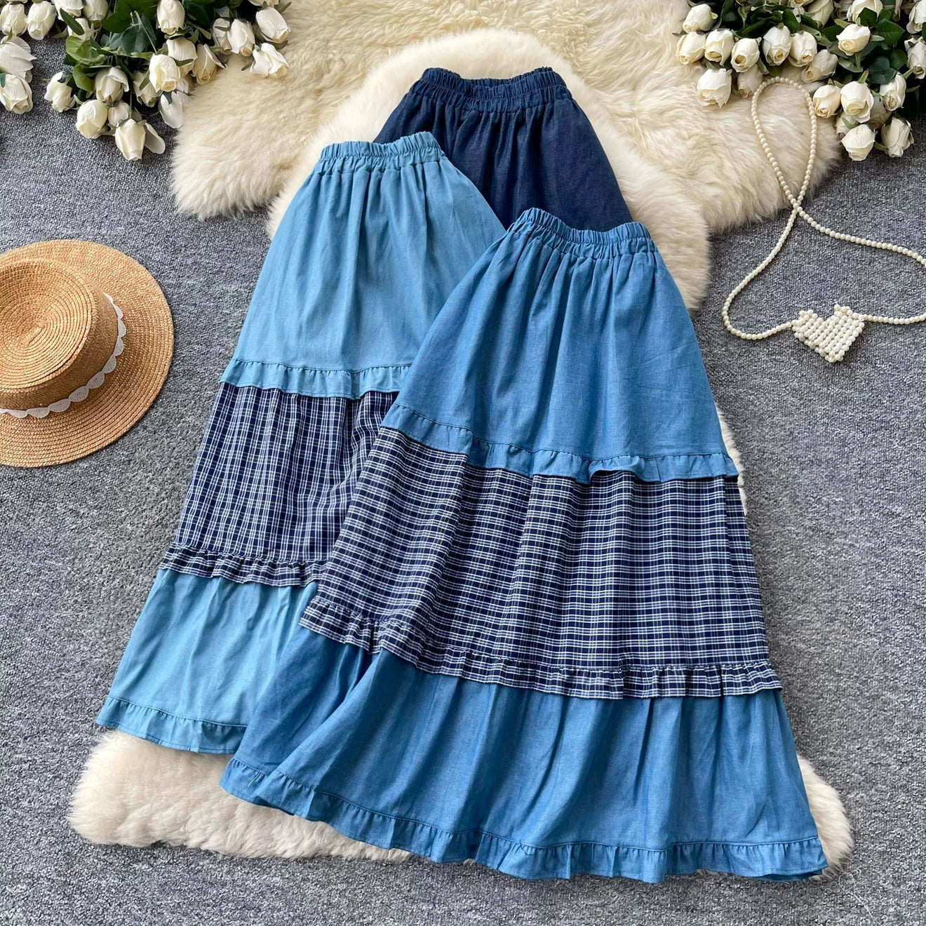 Karofi Tencel Cotton Patchwork Denim Skirt Women Elastic Waist Plaid Ruffle Midi Long Skirt Casual Vintage A Line Skirts