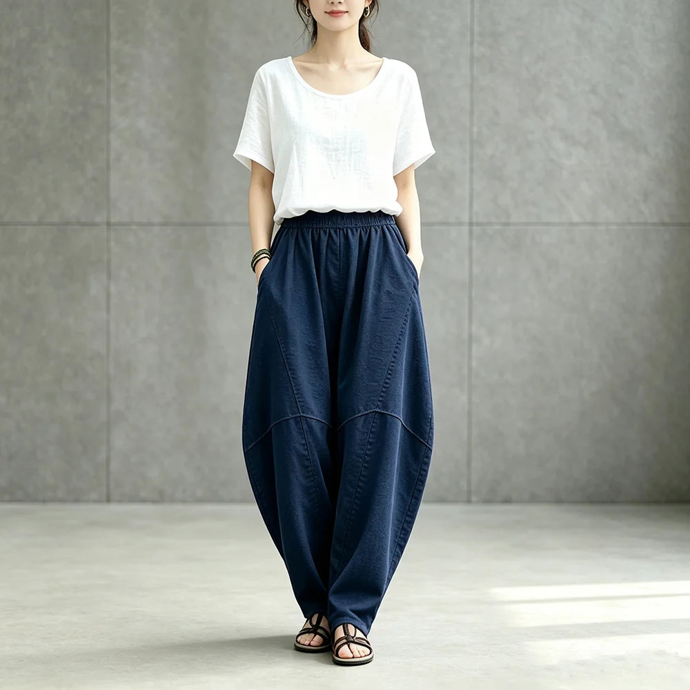 Women Linen Lantern Harem Pants Elastic High Waist Loose Spliced Baggy Trousers With Pockets Casual Oversized Wide Leg Pants Fle