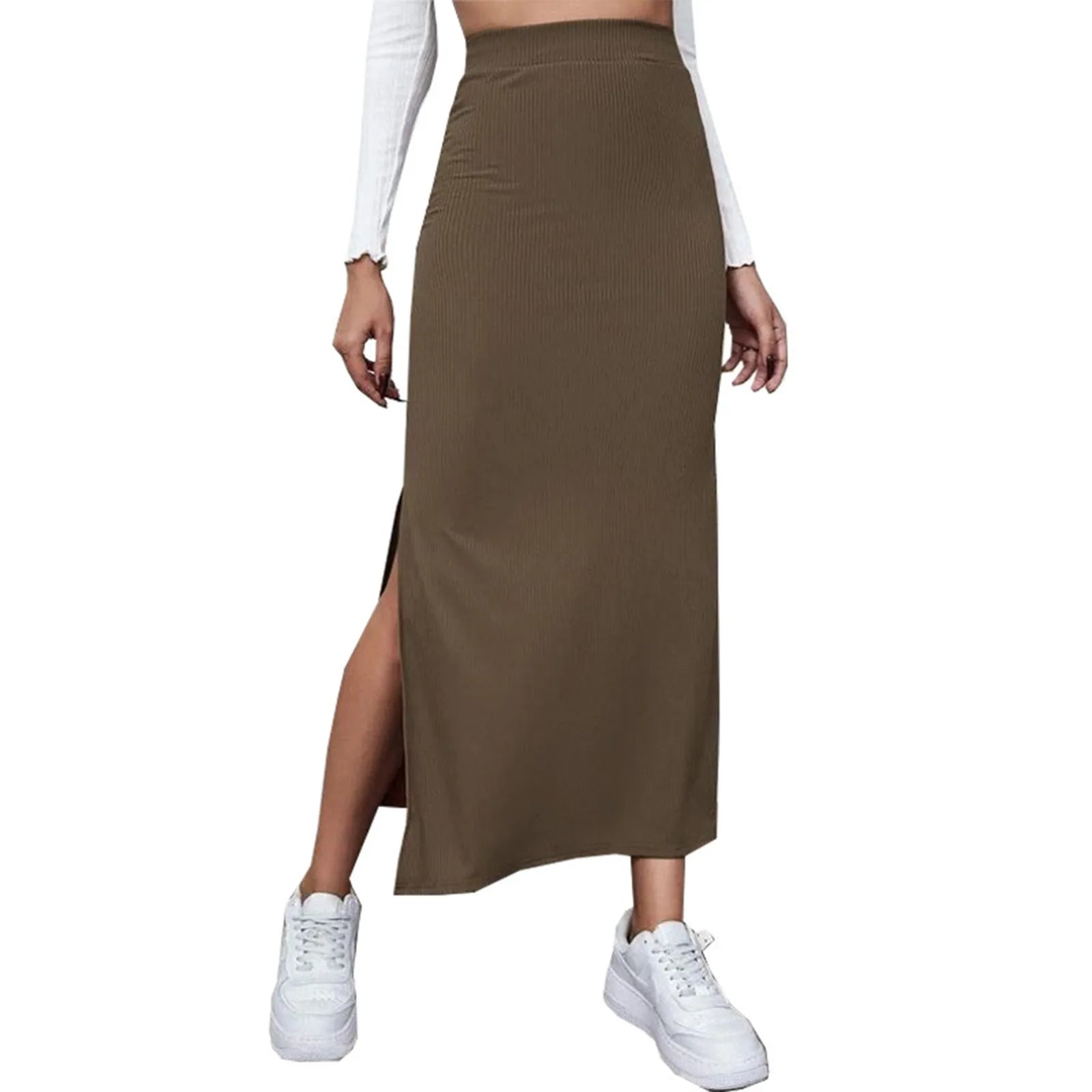 Female Solid Color Slim Fitting Midi Skirts With Slit Office High Waist Satin Skirts Fashion Sexy Straight Elastic Waist Dress