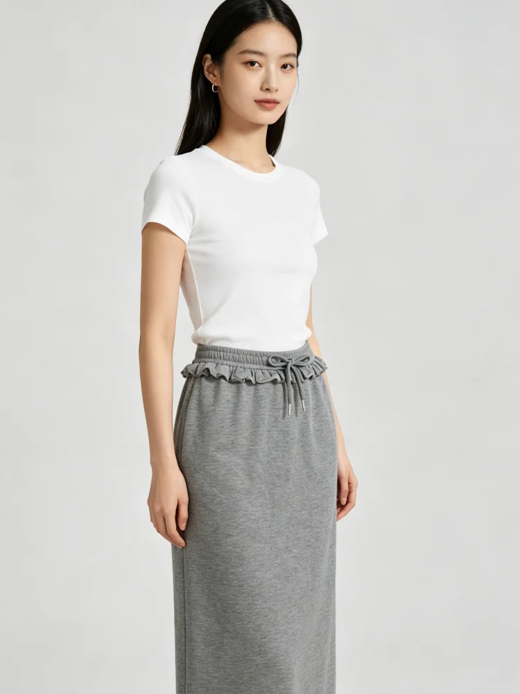 Autumn Women Midi Skirt Grey Knit Straight Long Skirt Ruffle Drawstring Elastic Waist Casual Daily Street Skirts