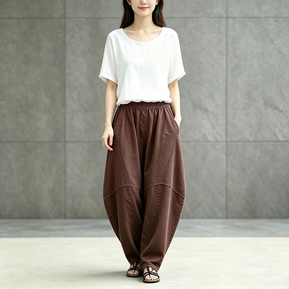 Women Linen Lantern Harem Pants Elastic High Waist Loose Spliced Baggy Trousers With Pockets Casual Oversized Wide Leg Pants Fle