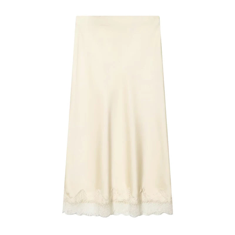 Women's Skirts Fashion Lace Decoration Satin Midi Skirt Vintage Women High Waist Long Skirts